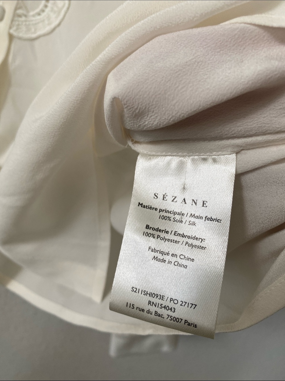 Sezane CHLO SHIRT Silk Cream Lace-Trim Button Blouse size 8 - Picture 7 of 8